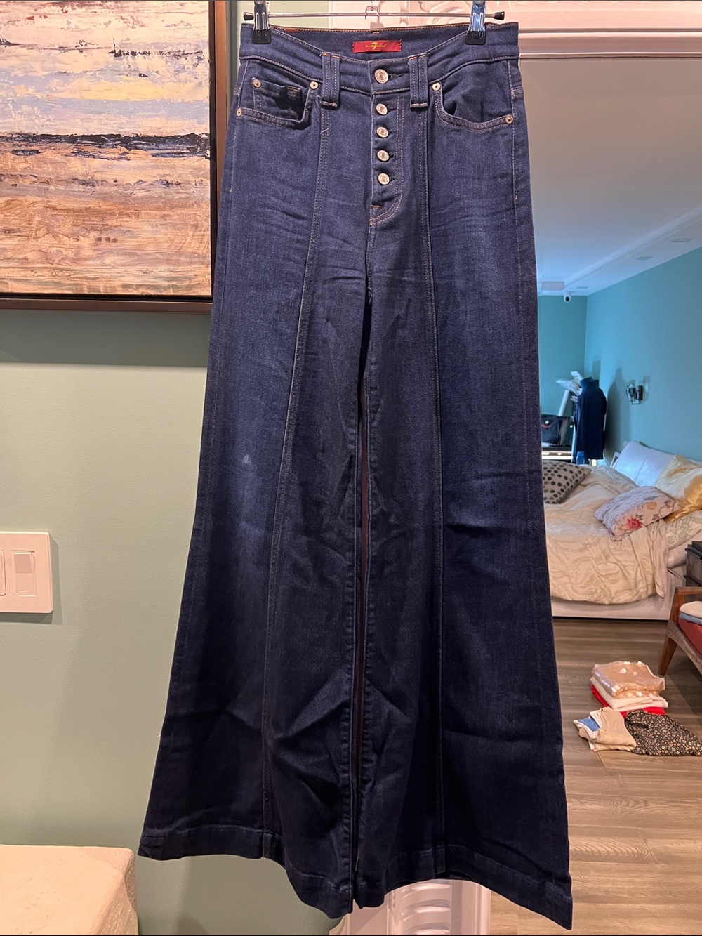 7 For All Mankind Dark Blue Wide-Leg High-Rise Jeans with Button Fly